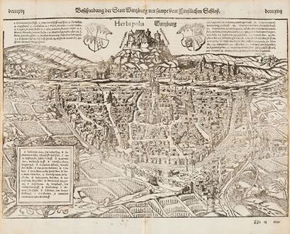Antike Landkarten, Münster, Deutschland, Bayern, Würzburg, 1574: Beschreibung der Statt Wirtzburg mit sampt dem fürstlichen Schloß - Herbipolis - Wirtzburg