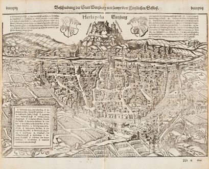 Antike Landkarten, Münster, Deutschland, Bayern, Würzburg, 1574: Beschreibung der Statt Wirtzburg mit sampt dem fürstlichen Schloß - Herbipolis - Wirtzburg