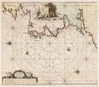 Antique Maps, van Keulen, Ireland, west coast of Ireland, 1681: Paskaart van de West Cust van Yrlandt beginnnende van Klady tot aen de Blasques ...