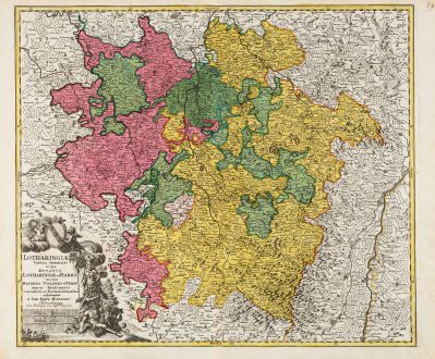 Antique Maps, Homann, France, Lorraine, 1720: Lotharingiae Tabula Generalis in qua Ducatus Lotharingiae et Barri nec non Metensis, Tullensis et Verdunensis Episcopatus