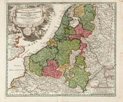 Antike Landkarten, Homann, Benelux, 1720: Tabula generalis totius Belgii qua Provinciae XVII Infer. Germania olim sub S.R.I. Circula Burgundiae ...