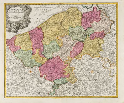 Antique Maps, Homann, Belgium, Flanders (Vlaanderen), 1720: Comitatus Flandriae in omnes ejusdem subjacentes Ditioes cum adjacentibus accuratissime divisus sumtibus