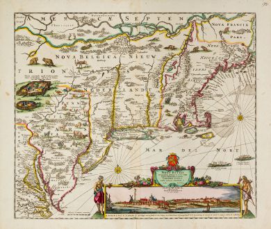 Antique Maps, Danckerts, North America, New England, Virginia, New York: Novi Belgii Novaeque Angliae nec non Pennsylvaniae et Partis Virginiae Tabula ...