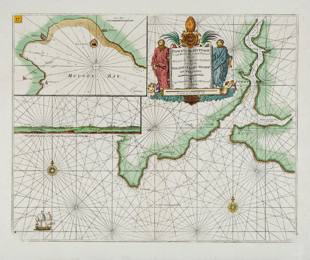 Mounts Bay Cornwall Map Collins: Fowey & Mounts-Bay, England, Cornwall, Mount's Bay, Fowey, 1693