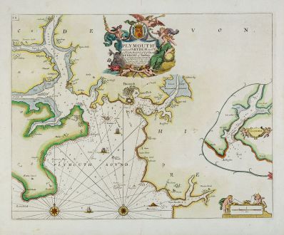 Antique Maps, Collins, England, Devonshire, Plymouth, 1693-1792: Plymouth - To The Rt. Honble. Arthur Earle Of Torrington, Baron Herbert of Torbay.