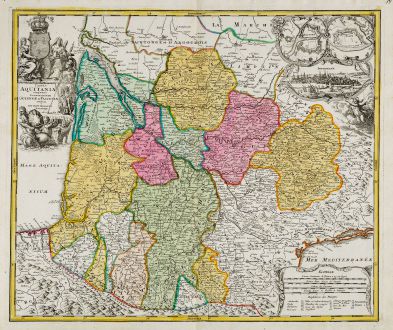 Antique Maps, Homann, France, Bordeaux, 1720: Tabula Aquitaniae complectens Gubernationem Guiennae et Vasconiae