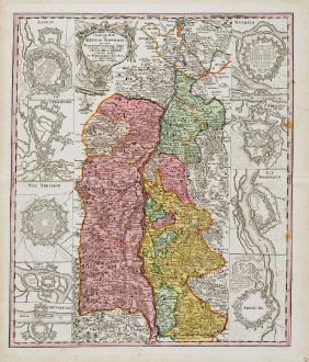 Antique Maps, Homann Erben, Germany, Baden-Württemberg, Upper Rhine, 1734: Theatrum Belli ad Rhenum superior nec non munimentorum tum Imperialium, tum Gallicorum ichnographica exhibitio ...