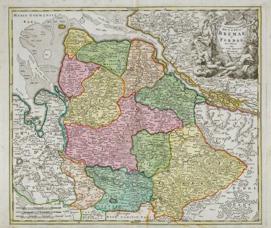 Antike Landkarten, Homann, Deutschland, Niedersachsen, Bremen, Hamburg, 1720: Ducatus Bremae et Ferdae Nova Tabula