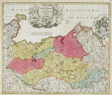 Antike Landkarten, Homann, Deutschland, Mecklenburg-Vorpommern, 1720: Ducatus Meklenburgici Tabula Generalis Continens Duc. Vandaliae et Meklenburg Comitatum et Episcopatum Swerinensem...