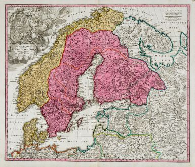 Antike Landkarten, Homann, Skandinavien, 1720: Scandinavia Complectens Sueciae, Daniae & Norvegiae Regna ex Tabulis Ioh. Baptistae Homanni