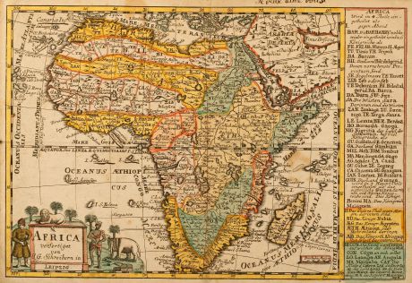 Antike Landkarten, Schreiber, Afrika Kontinent, 1749: Africa verfertiget von J. G. Schreibern in Leipzig