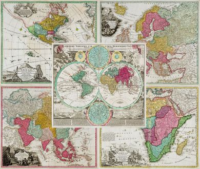 Antike Landkarten, Homann, Afrika Kontinent, Welt und Kontinente, 1720: Planiglobii Terrestris cum utroq Hemisphaerio Caelesti [and] Totius Africae [and] Totius Americae Septentrionalis et...