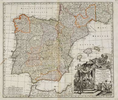 Antike Landkarten, Seutter, Spanien - Portugal, 1735: Hispania ex Archetypo Roderici Mendez Sylvae et Variis Relationibus ...