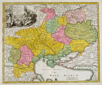 Antike Landkarten, Homann, Ukraine, Schwarzes Meer, 1720: Ukrania quae et Terra Cosaccorum cum vicinis Walachiae, Moldaviae, Minorisq., Tartariae Provinciis exhibita