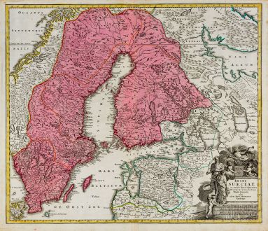 Antike Landkarten, Homann, Schweden, 1720: Regni Sueciae in Omnes suas Subjacentes Provincias Accurate Divisi Tabula Generalis ...