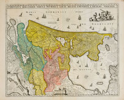 Antique Maps, Visscher, Netherlands, Holland, 1677: Comitatus Hollandiae Tabula Pluribus Locis Recens Emendata a Nicolao Visscher