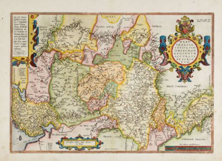 Antike Landkarten, Ortelius, Deutschland, Niedersachsen, Nordrhein-Westfalen: Westphaliae Totius, Finitimarumque Regionum Accurata Descriptio