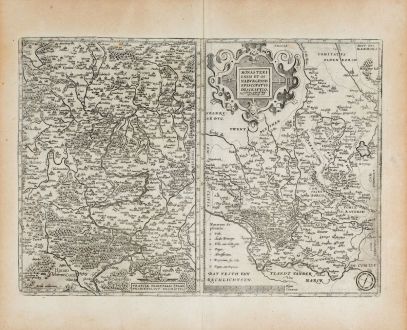 Antike Landkarten, Ortelius, Deutschland, Nordrhein-Westfalen, Bayern, Franken: Franciae Orientalis (vulgo Franckenlant) Descriptio / Monasteriensis et Osnaburgensis Episcopatus Descriptio