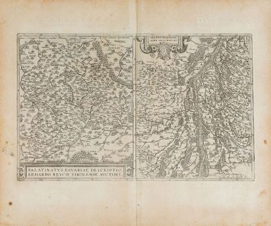 Antike Landkarten, Ortelius, Deutschland, Baden-Württemberg, Bayern, Oberpfalz: Palatinatus Bavariae Descriptio / Argentoratensis Agri Descriptio