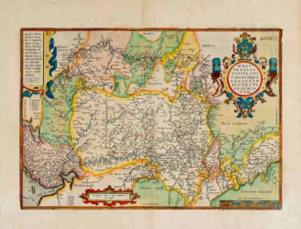 Antike Landkarten, Ortelius, Deutschland, Niedersachsen, Nordrhein-Westfalen: Westphaliae Totius, Finitimarumque Regionum Accurata Descriptio