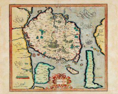 Antike Landkarten, Mercator, Dänemark, Fünen, 1595 oder 1602: Fionia