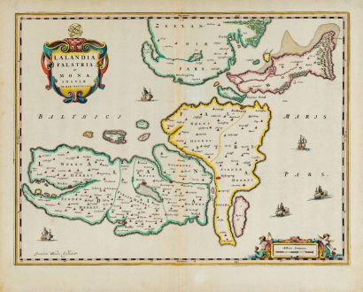 Antike Landkarten, Blaeu, Dänemark, Lolland, Falster, Mon, 1667: Lalandia, Falstria et Mona Insulae in Mari Balthico