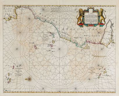 Antique Maps, Janssonius, Atlantic Ocean, 1650: Pascaart, Waer in men claarlyck zien can, alle havens rivieren droogten, gelegen tusschen C.S. Vincent en C. Verde ...