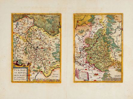 Antike Landkarten, Ortelius, Deutschland, Thüringen, Sachsen, 1592: Turingiae Noviss. Descript. per Iohannem Mellinger Halens / Misniae et Lusatiae Tabula Descripta a M. Bartholemeo Sculteto...