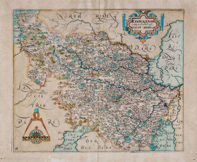 Antike Landkarten, Kip, Britische Inseln, England, Yorkshire, 1607 (1637): Eboracensis Comitatus pars Occidentalis vulgo West Riding