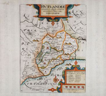 Antique Maps, Kip, British Isles, England, Rutland, 1607 (1637): Rutlandiae, Omnium in Anglia Comitatu, um minimus Pars olim Coritanorum