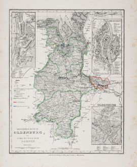 Antike Landkarten, Bibliographisches Institut, Deutschland, Niedersachsen, Oldenburg: Grossherzogthum Oldenburg und Gebiet der freien Stadt Bremen.