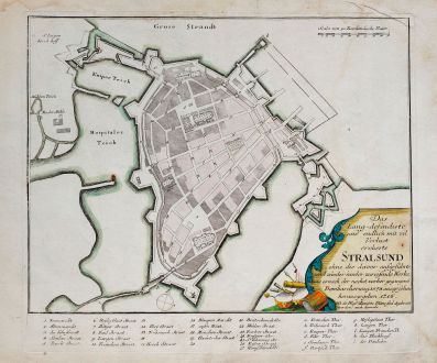 Antique Maps, Weigel, Germany, Mecklenburg-Vorpommern, Stralsund, 1718: Das Lang-defendirte und endlich mit vil Verlust eroberte Stralsund... vorher gegangene Bombardierung 1678 ausgesehen...