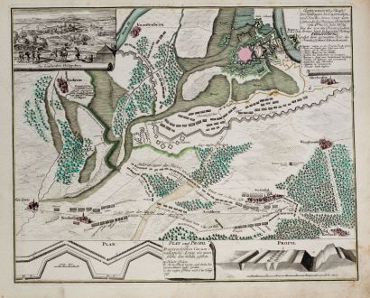 Antike Landkarten, Weigel, Deutschland, Baden-Württemberg, Philippsburg, 1734: Eigentlicher Plan des Feldlagers der Kayserlichen und Reichs Armee... belagerten Festung Philippsburg...