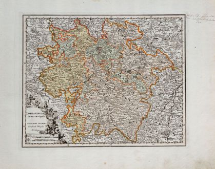 Antike Landkarten, Weigel, Frankreich, Lothringen, 1718: Lotharingia cum contiguis