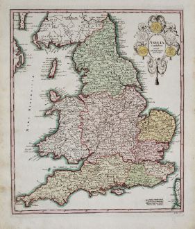 Antique Maps, Weigel, British Isles, England, 1718: Anglia Cambdeni