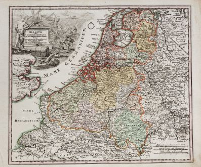 Antike Landkarten, Weigel, Benelux, Belgien, Niederlande, 1718: Belgium sive Inferior Germania in suas XVII provincias divisa jucta ex actissimam