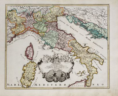 Antike Landkarten, Weigel, Italien, 1718: Per Italiam cursus publici & Viarum Militarium accuratissima vestigia.