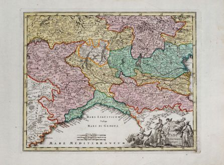 Antique Maps, Weigel, Italy, Piemonte, Lombardia, Liguria, 1718: Padi Fluivii Tractus integer
