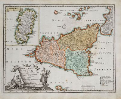 Antique Maps, Weigel, Italy, Sardinia, Sicily, 1718: Insulae sive Regni Siciliae ante omnes Mediterranei maris Insulas...