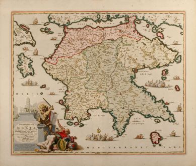 Antique Maps, Visscher, Greece, Peloponnese, 1690: Peloponnesus hodie Morea deo favente, et victoriosiss serenissae. Reipublicae Venetae armis plurimé christianitati subacta,...