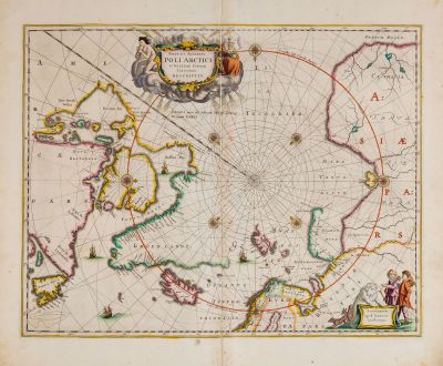 Antike Landkarten, Janssonius, Nordamerika, Nordpol, 1666: Nova et Accurata Poli Arctici et terrarum Circum Iacentium Descriptio