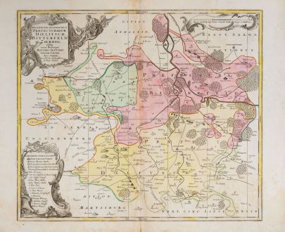 Antique Maps, Seutter, Germany, Sachsen-Anhalt, Bitterfeld, 1730: Despriptio Geographica Praefecturarum Doelitsch, Bitterfeld, Zoerbig