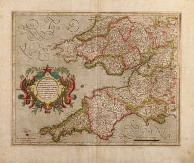 Antike Landkarten, Mercator, Britische Inseln, Südwest England, Süd-Wales: Cornubia, Devonia, Somersetus, Dorcestria, Wiltonia, Glocestria Monumetha, Glamorgan, Caermarden, Penbrok, Cardigan, Radnor,...