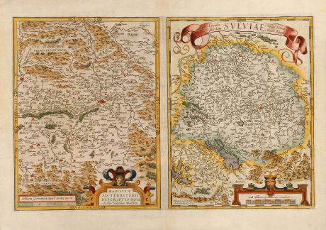 Antike Landkarten, Ortelius, Deutschland, Süddeutschland, Schweiz, Basel, Bodensee: Basiliensis Territorii Descriptio Nova, Auctore Sebastiano Munstero / Circulus sive Liga Sueviae, vulgo Schwabische Kraiss