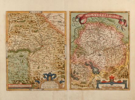 Antike Landkarten, Ortelius, Deutschland, Süddeutschland, Schweiz, Basel, Bodensee: Basiliensis Territorii Descriptio Nova, Auctore Sebastiano Munstero / Circulus sive Liga Sueviae, vulgo Schwabische Kraiss