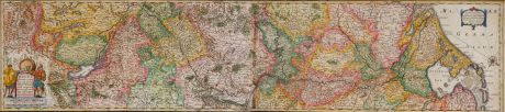 Antique Maps, Hondius, Germany, Course of Rhine River, 1630: Totius Rheni, ab eius Capitibus ad Oceanu usque Germanicum in quem se Exonerat Novißima Descriptio