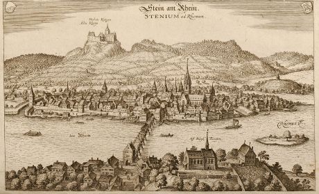 Antike Landkarten, Merian, Schweiz, Stein am Rhein, 1645: Stein am Rhein - Stenium ad Rhenum