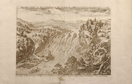 Antike Landkarten, Merian, Schweiz, Schaffhausen, Rhein, 1645: Eigentliche Bildtnuß des Großen Wasserbruchs oder Falls des Rheins Im Lauffen. Vera Delineatio Catarrhactaru Rheni ad...