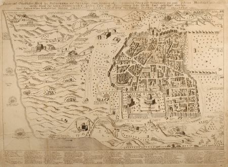 Antike Landkarten, De Pierre, Heiliges Land, Jerusalem, 1728: Wahrer und Grundlicher Abriss der Welt-beruhmten und Hochheiligen Stadt Jerusalem aller angrenzenden Oertern und...