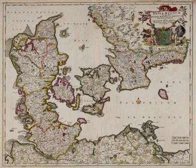 Antike Landkarten, de Wit, Dänemark, 1680: Dania regnum In quo sunt Ducatus Holsatia et Slesvicum Insulae Danicae et Provinciae Jutia, Scania, Blekingia et Hallandia